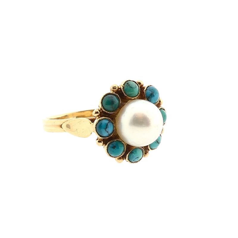 Image 4 of Golden entourage ring with cultured pearl & turquoise; 14K; size 16.5