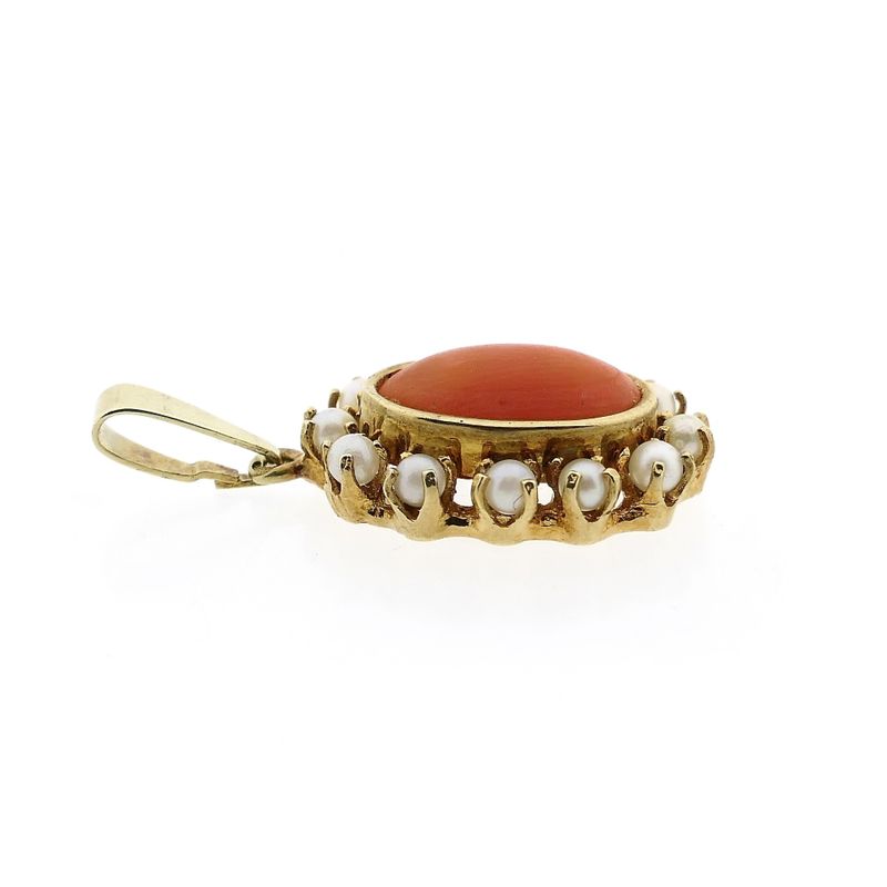 Image 7 of Gold Pendant with Blood Coral and Pearl; 14 Karat