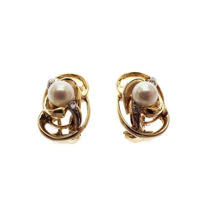 Image 3 of Vintage gold clip-on earrings with pearl and diamonds; 0.08 ct.