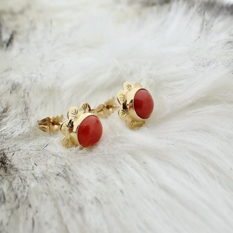 Image 4 of Vintage gold stud earrings with red coral