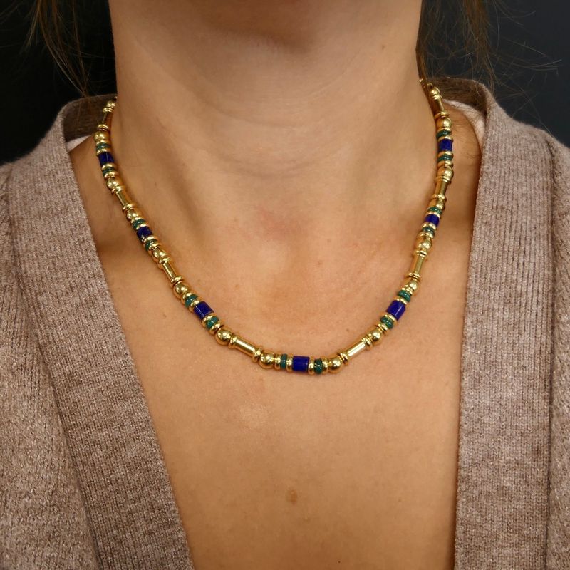 Afbeelding 8 van Gouden ketting met lapis lazuli en malachiet | 43,5 cm