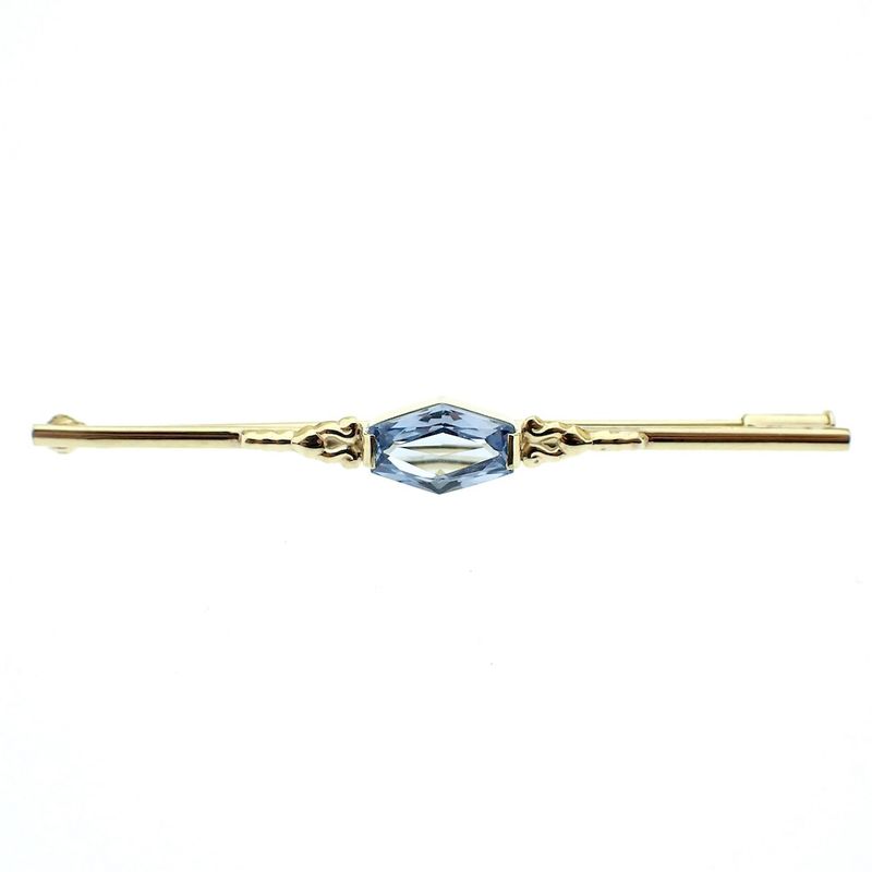 Image 1 of Vintage gold long narrow brooch with aquamarine