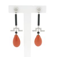 White gold stud earrings with onyx, blood coral and diamond 0.17 ct.