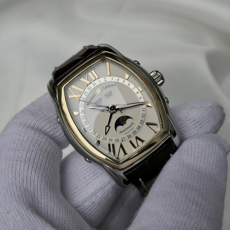 Image 19 of Maurice Lacroix Masterpiece 'Phase de Lune' Tonneau MP6439; Automatic gold/steel men's watch