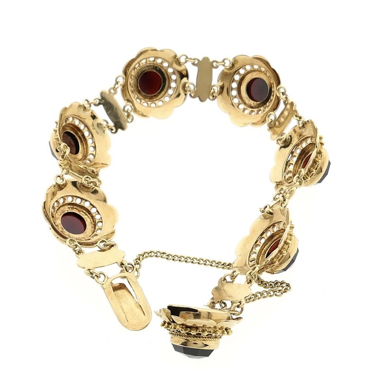 Afbeelding 9 van Antiek gouden bootjes armband met granaat | 18,5 cm