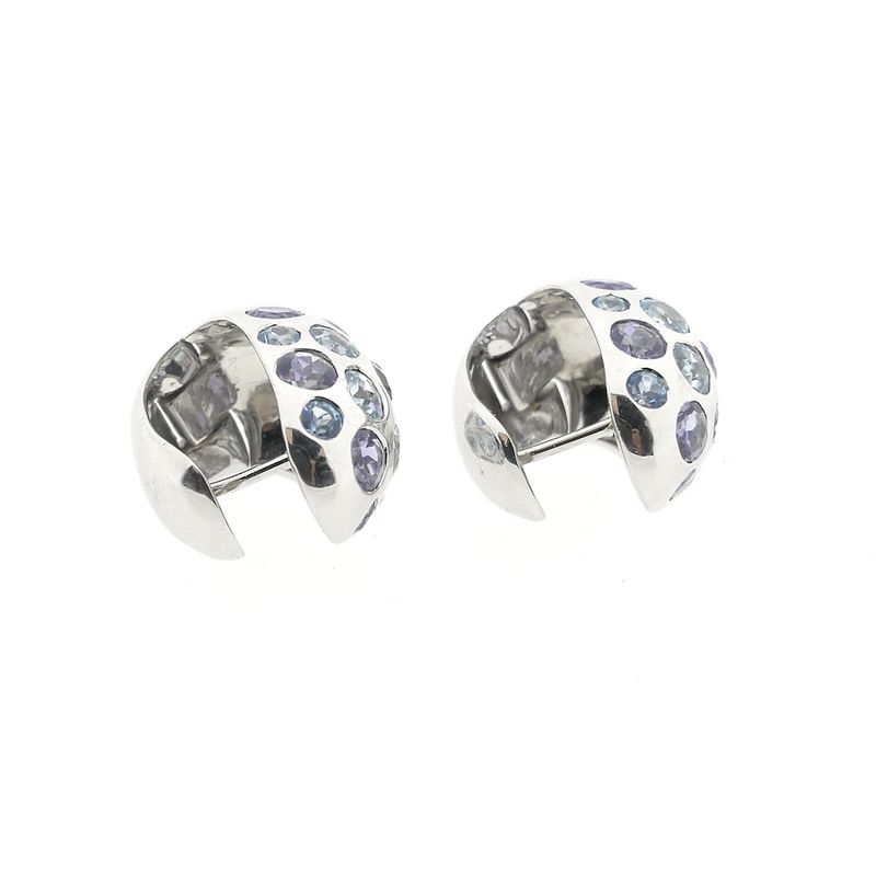 Image 11 of White gold domed stud earrings with aquamarine and amethyst