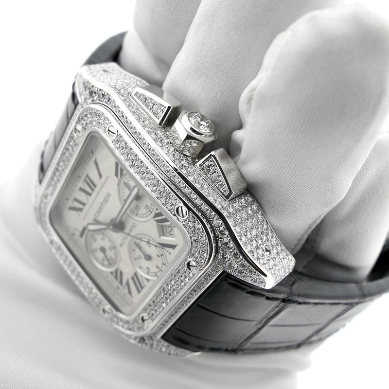 Image 19 of Cartier Santos 100 XL Chronograph 'Factory-Set' Diamonds 2891; 18k white gold watch with diamonds