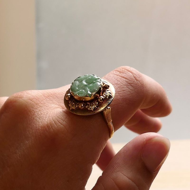 Image 7 of Gold Ring with Carved Jade; 14K; Size 19.5