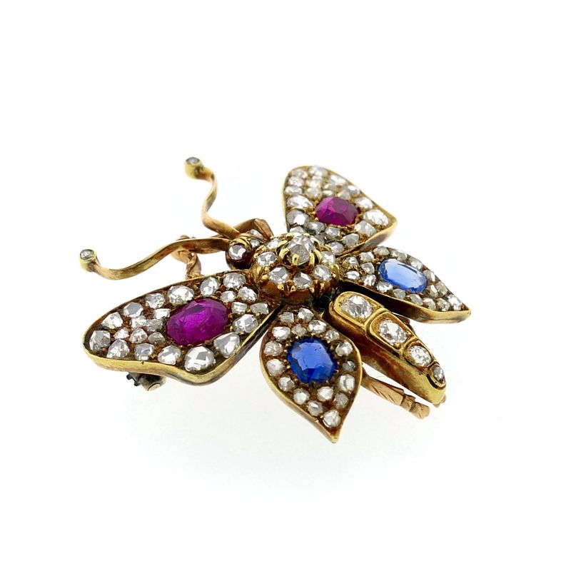 Image 2 of Gold butterfly brooch with diamond, ruby, and sapphire; approx. 1.20 ct.