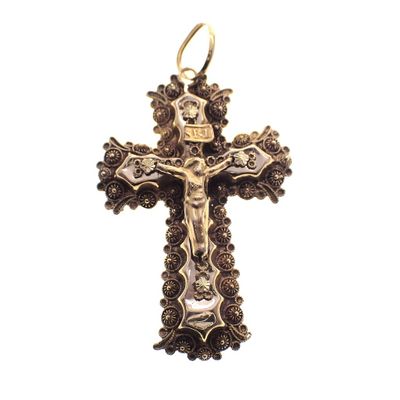 Image 1 of 19th century gold pendant of a cross with corpus INRI; Filigree