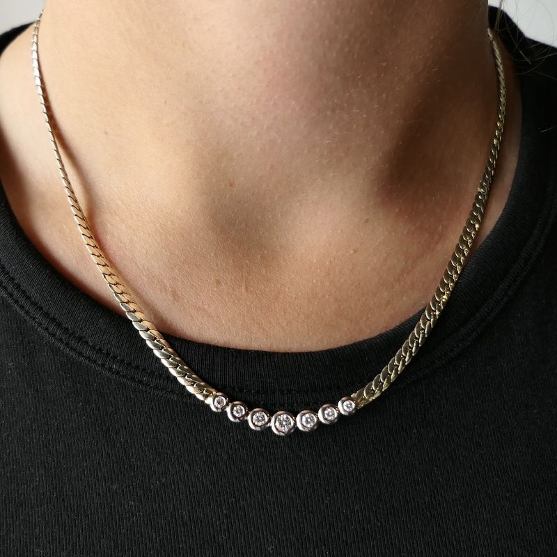 Image 9 of Gold flat gourmet link necklace with 0.50 ct diamond.
