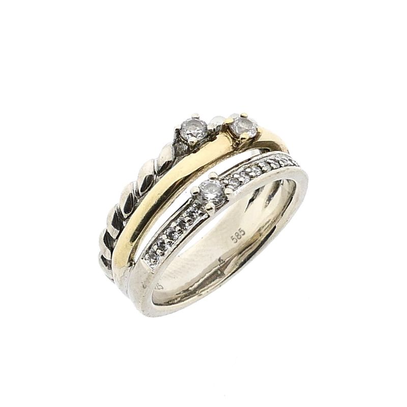 Image 1 of Bicolor Gold and Silver Ring with Zirconia; 14 Karat; Size 18