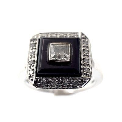 Image 2 of White gold ring with zirconia, onyx and diamonds; 0.16 ct.