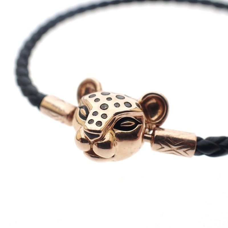 Image 4 of Pandora black leather bracelet; Panther; Rose gold plated; | 20 cm