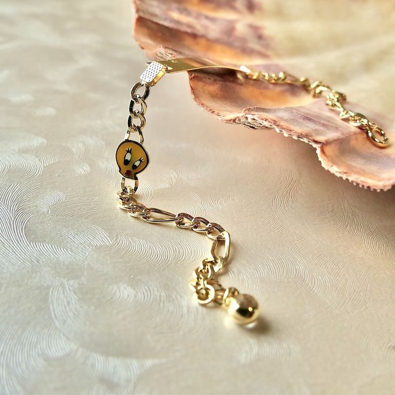 Image 2 of Gold Tweety children's bracelet with engraving plate | 16 cm