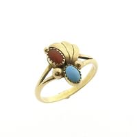 Gold ring with turquoise and red coral | Vintage