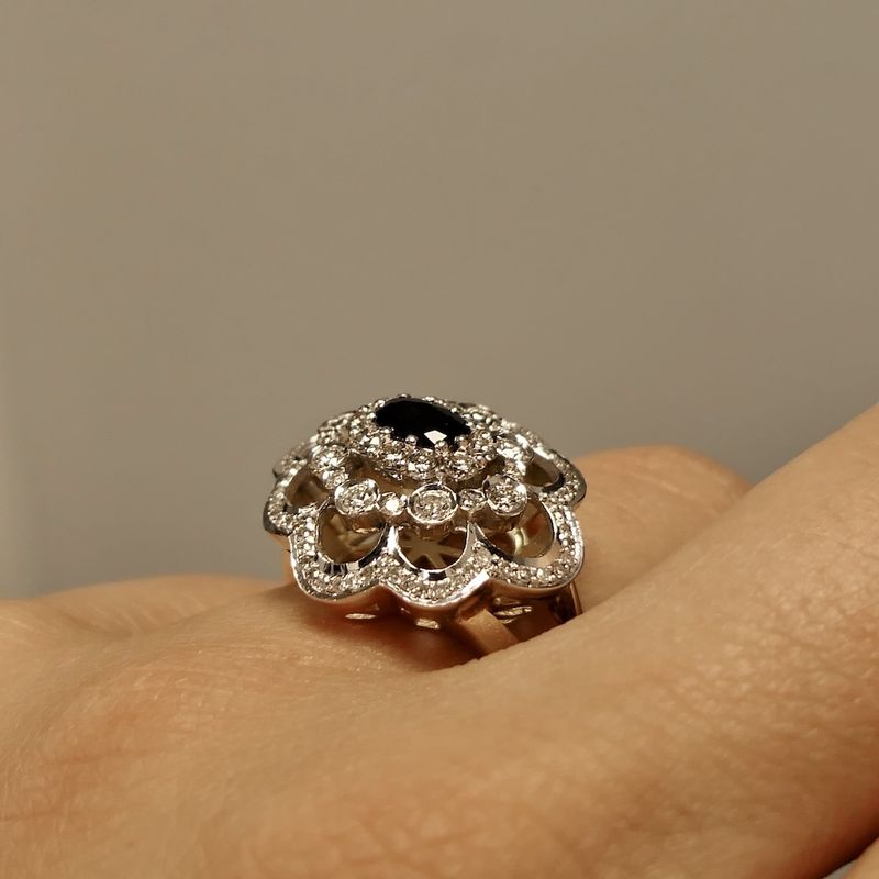 Image 6 of Gold entourage ring with sapphire and diamonds; approx. 0.51 ct.