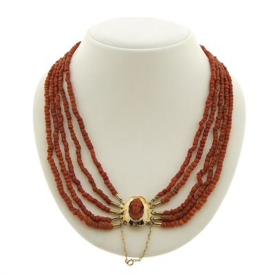 Image 1 of Antique blood coral bead necklace with gold clasp