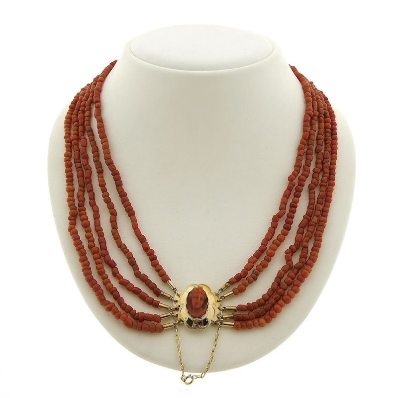 Image 1 of Antique blood coral bead necklace with gold clasp