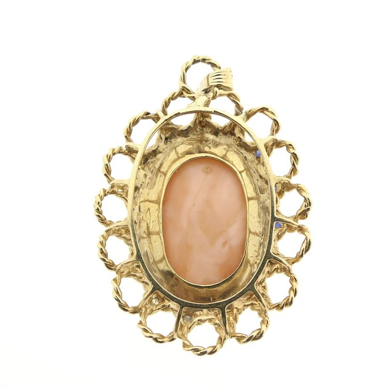 Image 9 of Antique gold pendant with cameo, sapphire and diamonds; 0.21 ct.