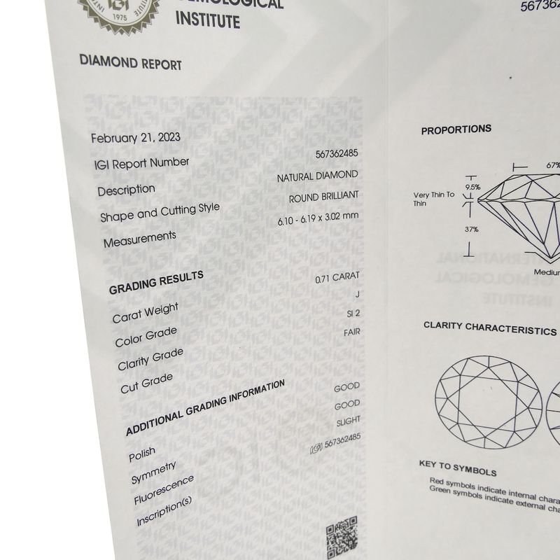Image 5 of 0.71 ct. Brilliant cut diamond; Color J; Quality SI2 + IGI Certificate