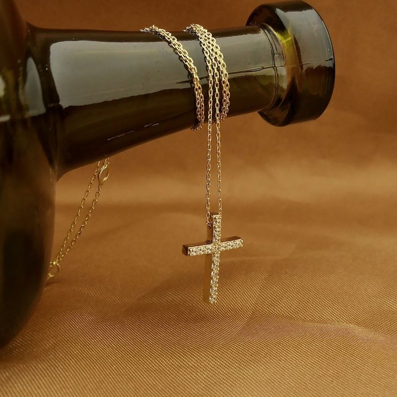 Image 2 of Gold necklace with a fixed pendant; Cross with zirconia | 42.5 cm - 45.5 cm