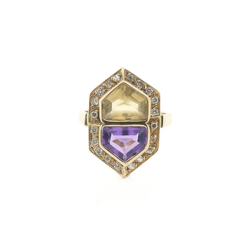 Image 2 of Vintage gold ring with citrine, amethyst and diamonds; 0.20 ct.