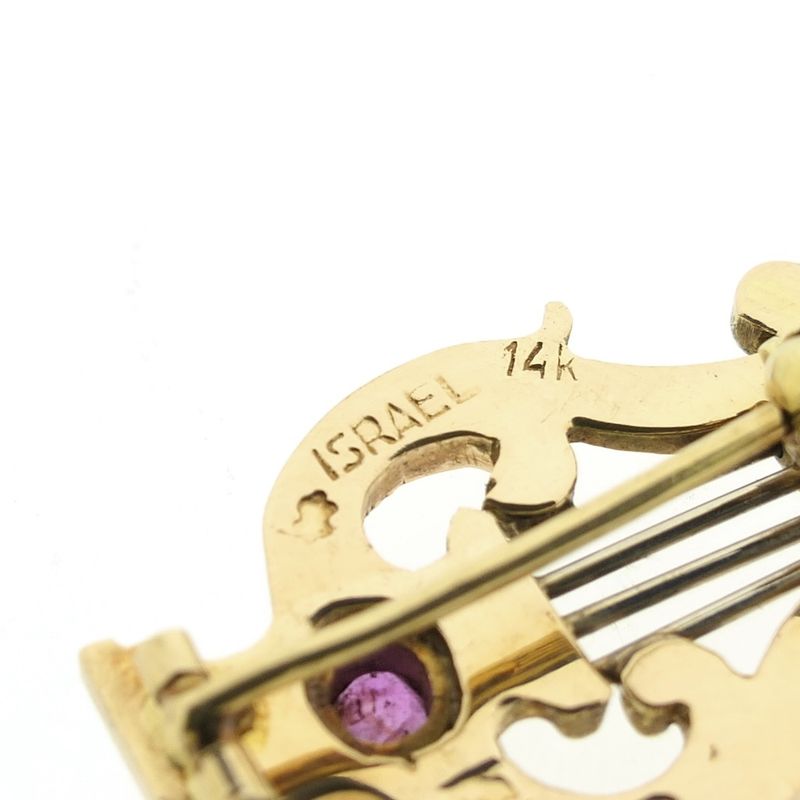 Image 7 of Gold brooch of a lyre harp with ruby