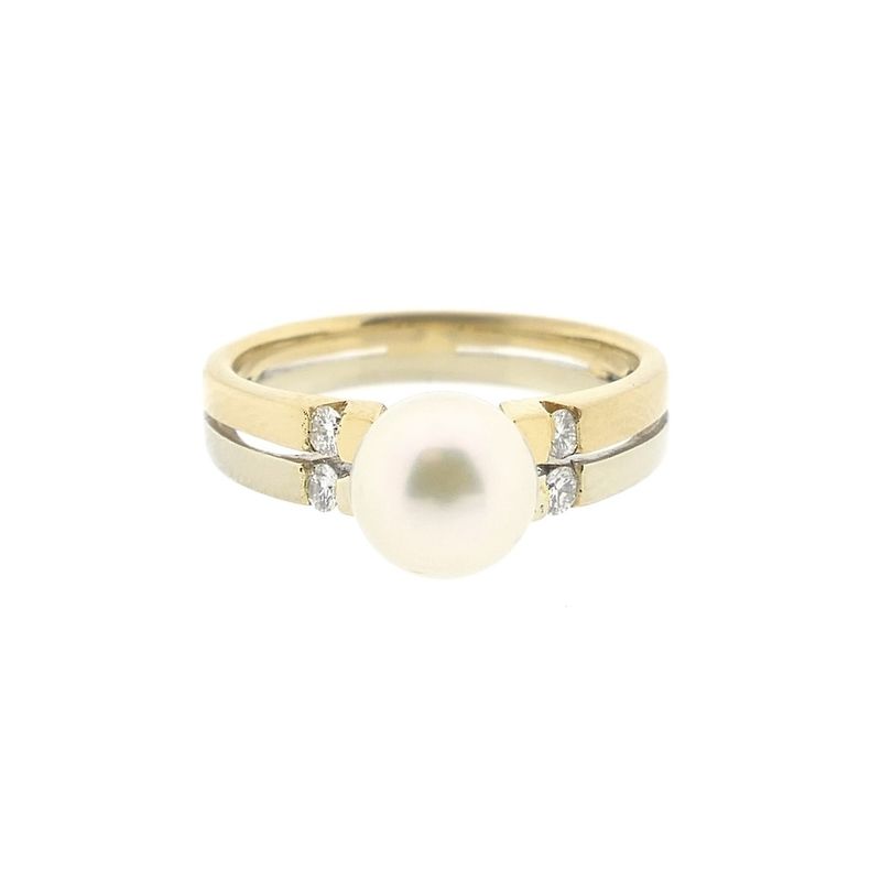 Image 3 of Two-tone gold ring with pearl and diamonds; 0.06 ct.