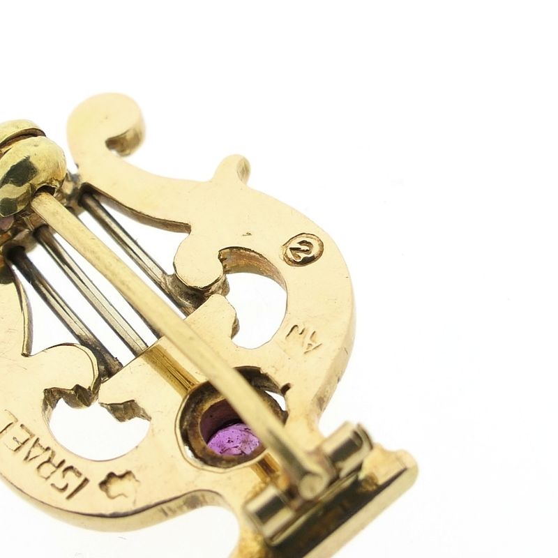 Image 6 of Gold brooch of a lyre harp with ruby