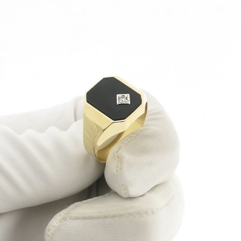 Image 9 of Gold men's signet ring with onyx and diamond | 0.02 ct.