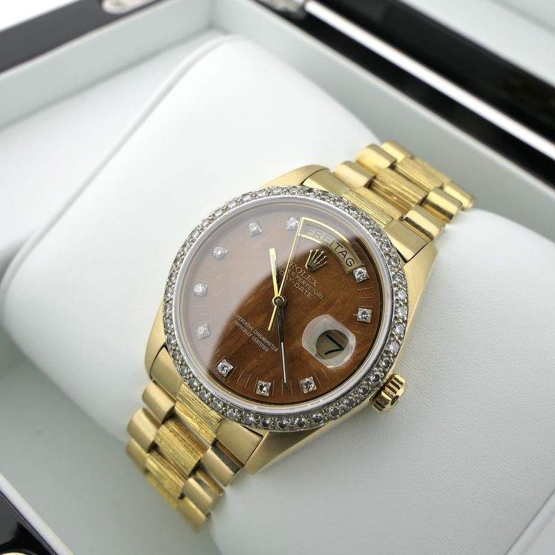 Image 15 of Rolex Day-Date 'Wood Dial' 18038; 18k gold men's watch with diamonds