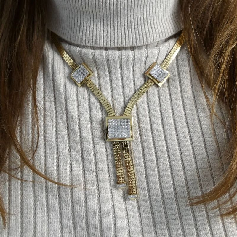 Image 9 of Gold Flat Snake Link Necklace with Zirconia