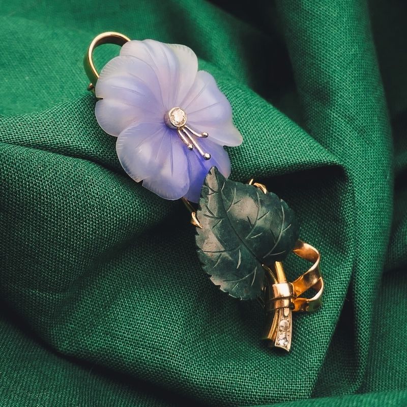 Image 8 of Tricolor gold brooch with colored glass, jade and diamond; 0.14 ct.