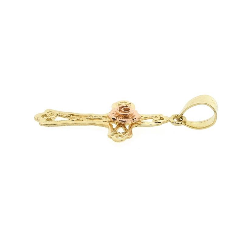Image 4 of Two-tone gold pendant of a cross with a rose