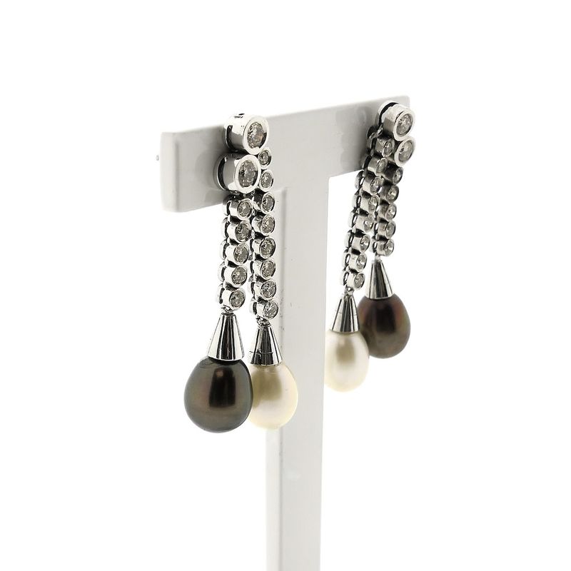 Image 4 of White gold entourage earrings with pearl and diamonds; 1.18 ct.