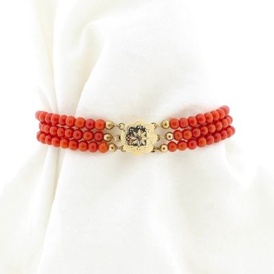 Image 1 of Antique blood coral bead bracelet with gold decorative clasp