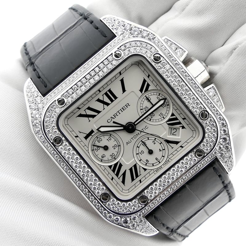 Image 21 of Cartier Santos 100 XL Chronograph 'Factory-Set' Diamonds 2891; 18k white gold watch with diamonds