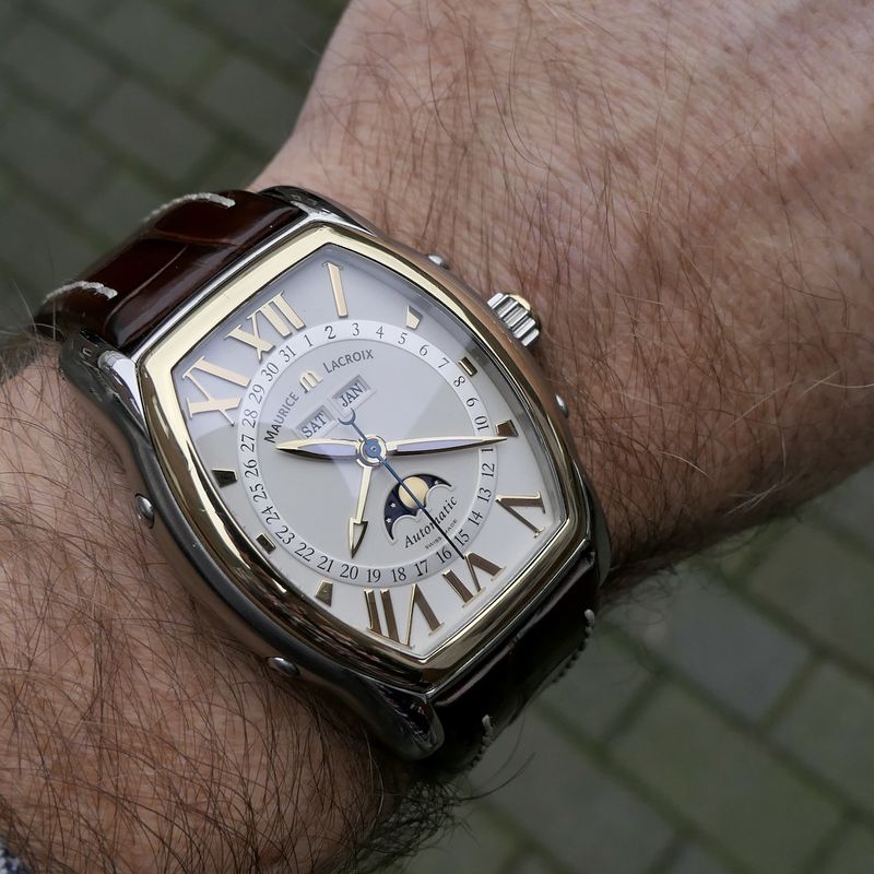 Image 22 of Maurice Lacroix Masterpiece 'Phase de Lune' Tonneau MP6439; Automatic gold/steel men's watch