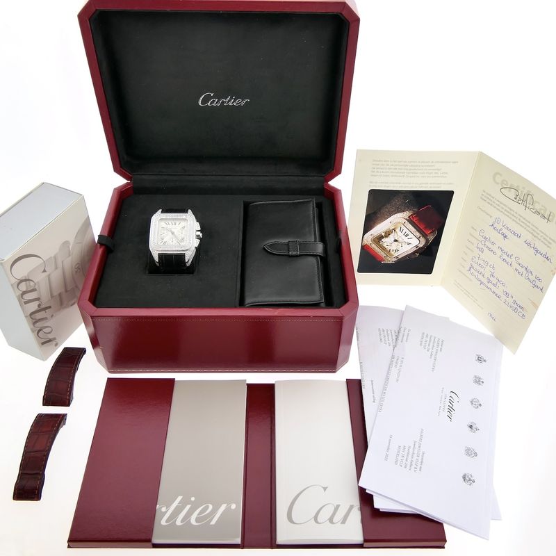 Image 4 of Cartier Santos 100 XL Chronograph 'Factory-Set' Diamonds 2891; 18k white gold watch with diamonds