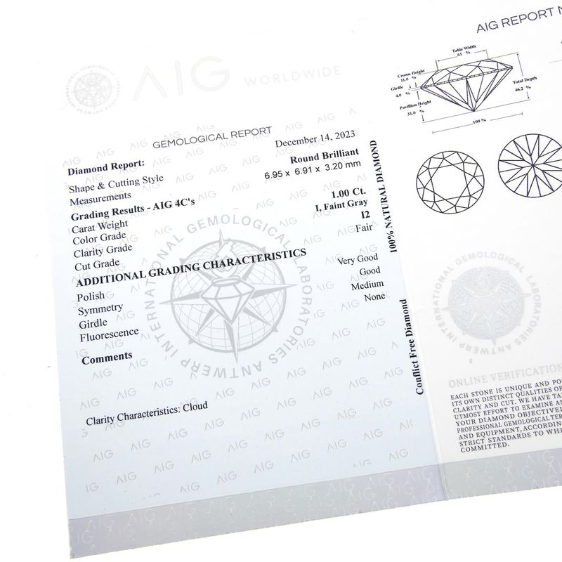 Image 1 of 1.00 ct. Brilliant cut diamond; Color I; Quality I2 + AIG Certificate