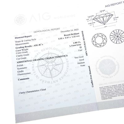 1.00 ct. Brilliant cut diamond; Color I; Quality I2 + AIG Certificate Image 1 of 1.00 ct. Brilliant cut diamond; Color I; Quality I2 + AIG Certificate