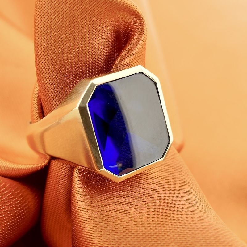 Image 2 of Gold men's ring with synthetic sapphire