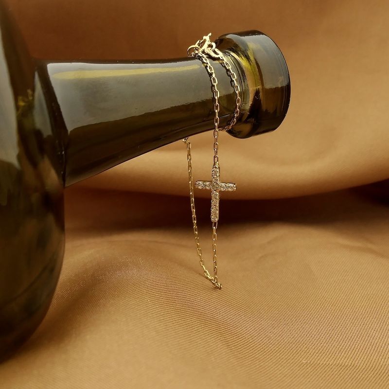 Image 2 of Gold thin anchor link bracelet; Cross with zirconia | 18.5 cm