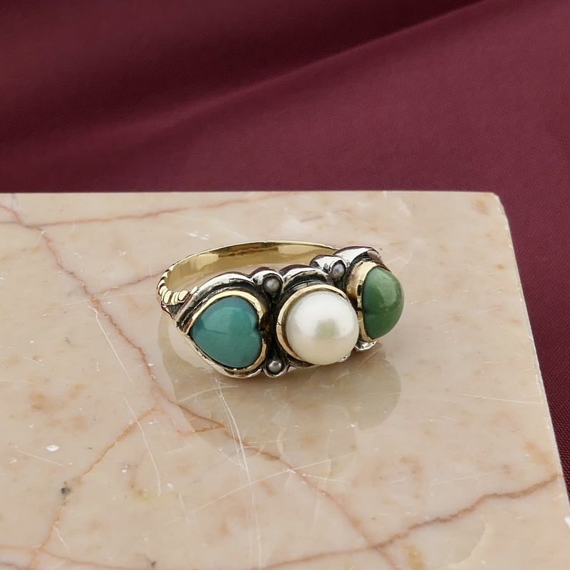 Image 6 of Gold and silver ring with aventurine, pearl and turquoise