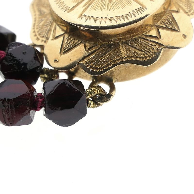 Image 7 of Antique garnet bead necklace with gold decorative clasp.