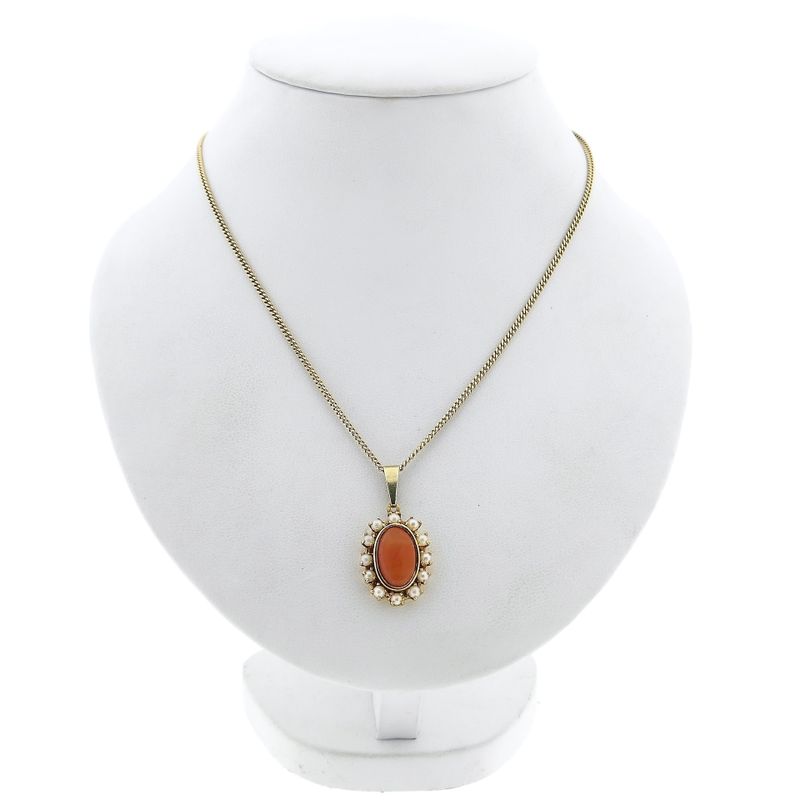 Image 4 of Gold Pendant with Blood Coral and Pearl; 14 Karat