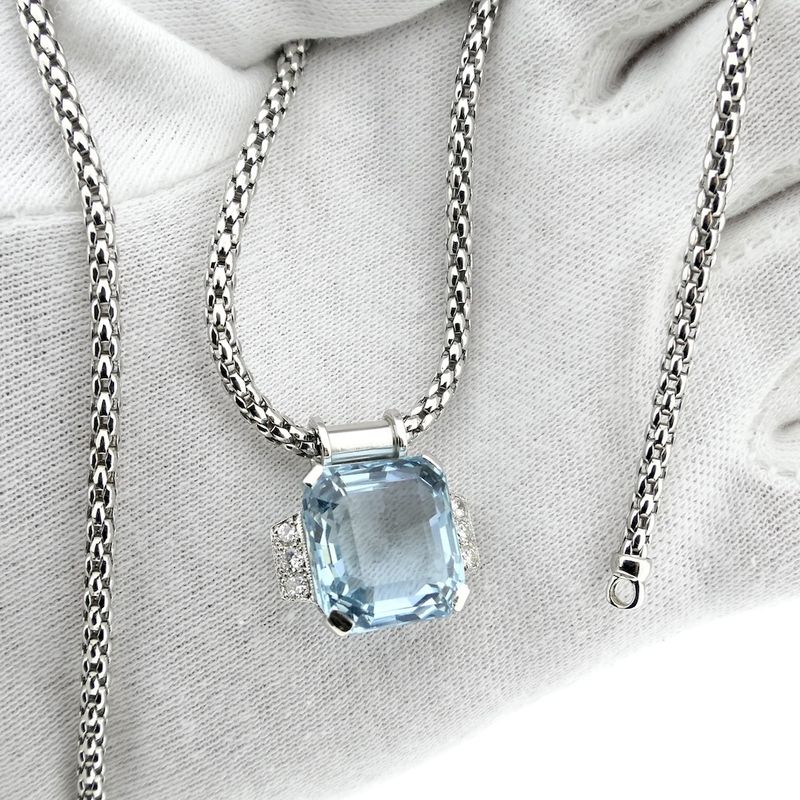 Image 14 of Fope white gold mesh link necklace with aquamarine and diamonds; 0.24 ct.