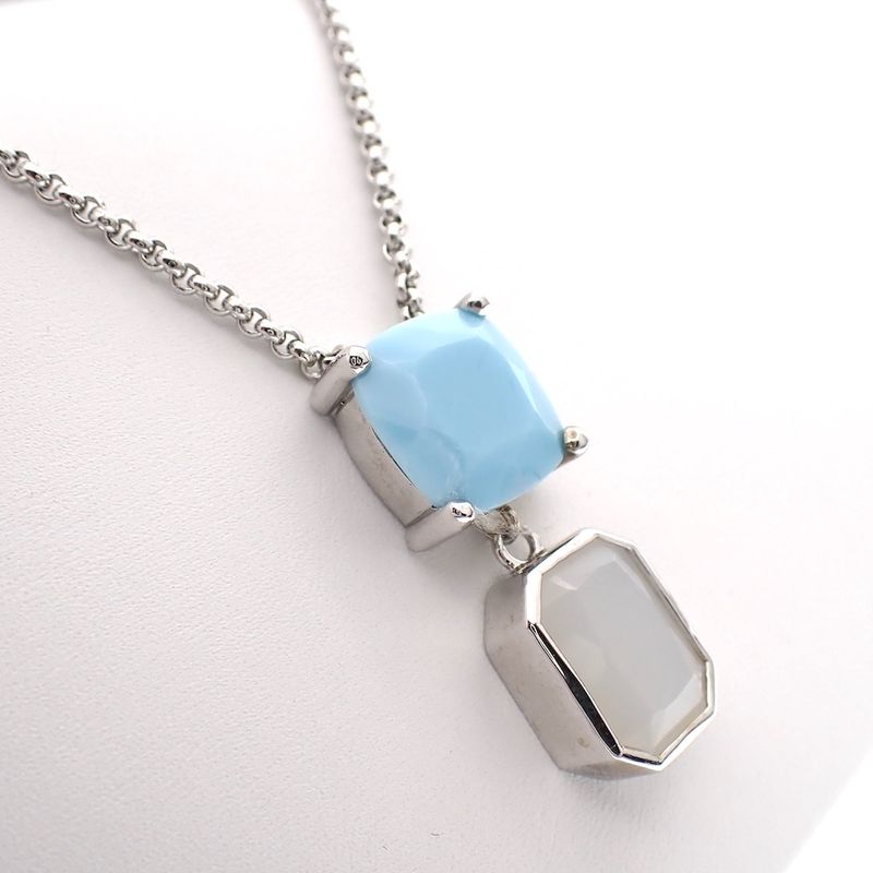 Image 8 of Silver necklace with turquoise and milkstone pendant; 40-45 cm