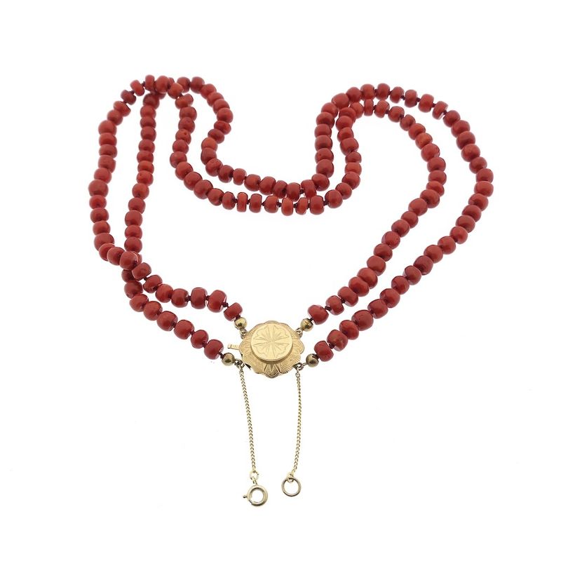 Image 3 of Antique blood coral bead necklace with gold clasp.